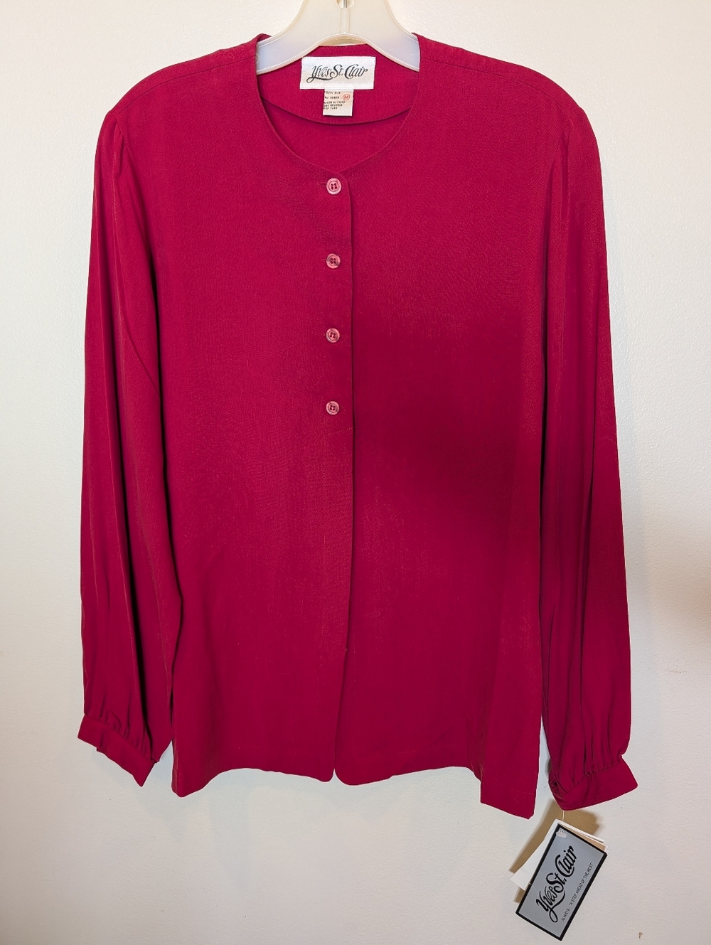 Vintage NWT Yves St. Clair Red Silk Blouse Women's Medium V-Neck Long Sleeve Top